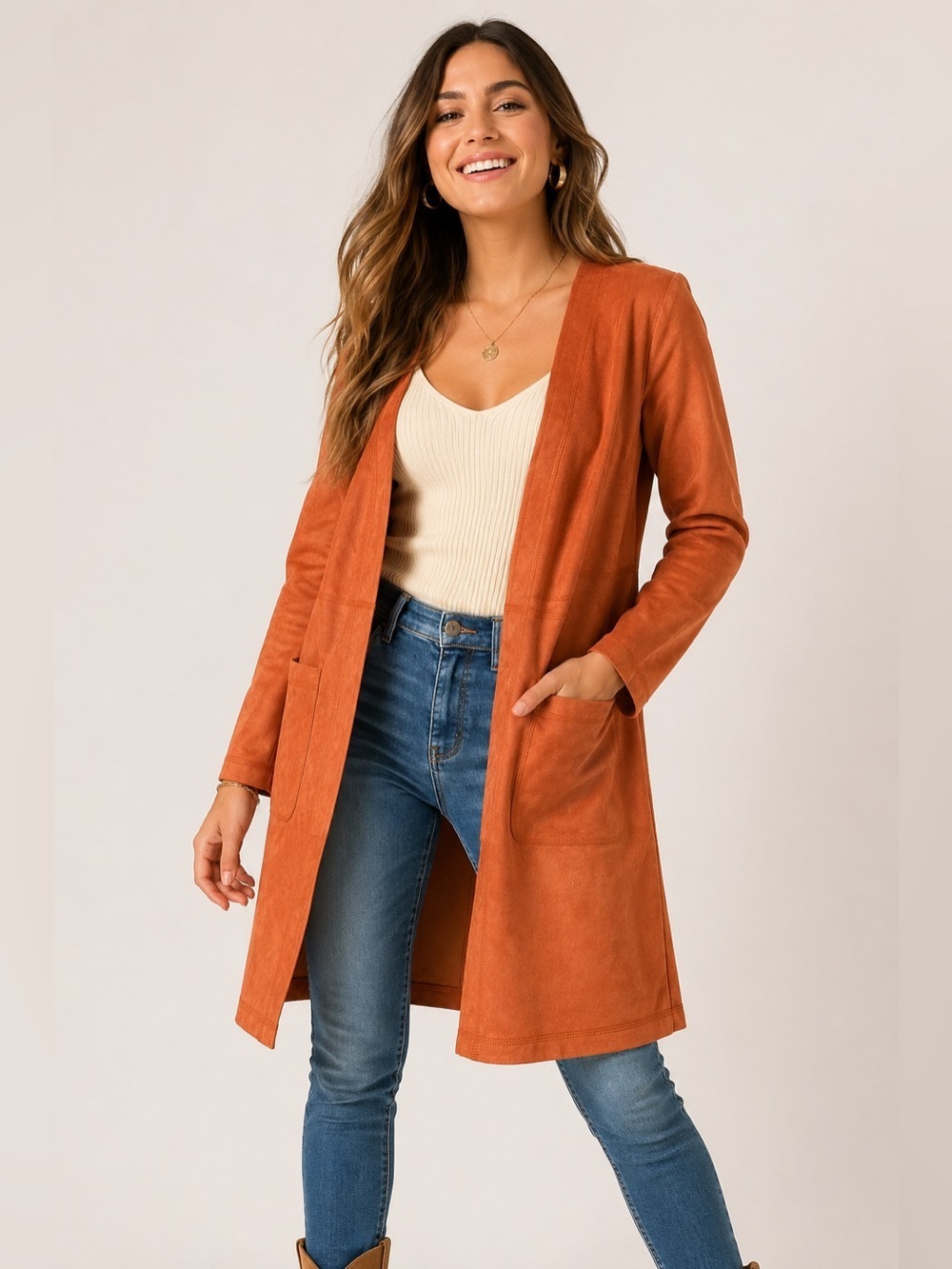 Solitaire Rust Open-Front Trench Coat - Picture 1 of 7